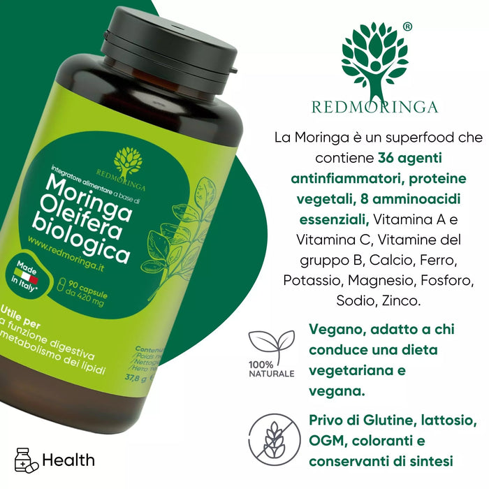 Moringa Oleifera biologica RedMoringa in capsule: proprietà della moringa, proteine vegetali, vitamine A, C e B, ferro