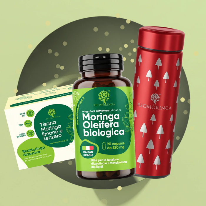 Set Regalo Moringa Wellness RedMoringa: tisana limone e zenzero, capsule Moringa Oleifera biologica e borraccia termica rossa
