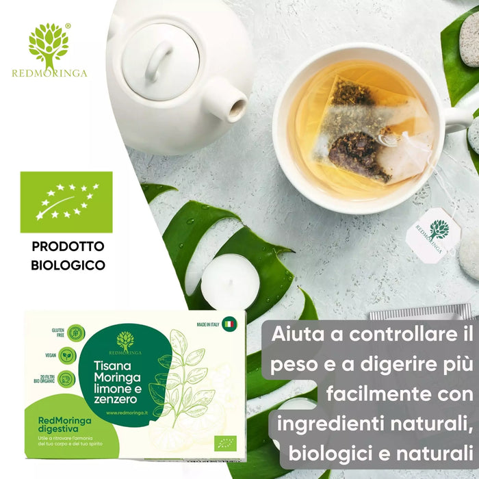 Tisana digestiva Moringa limone e zenzero RedMoringa: tazza con filtro in infusione, teiera e confezione bio da 20 filtri
