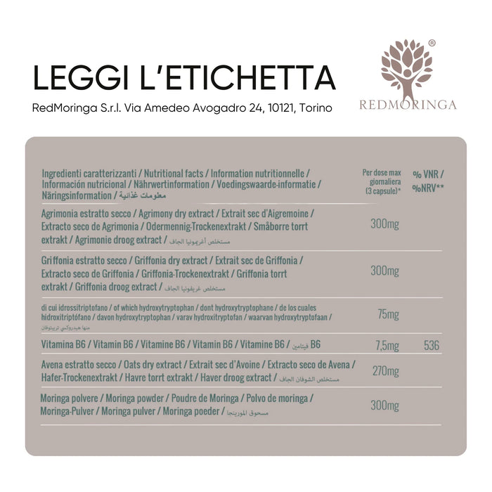 Tabla de ingredientes: Agrimonia, Griffonia, vitamina B6, Avena, Moringa