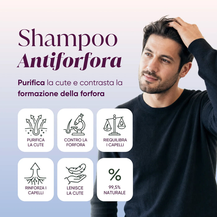 Man touching his hair with anti-dandruff shampoo infographic: cleanses the scalp, fights dandruff, 99.5% natural