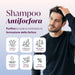 Man touching his hair with anti-dandruff shampoo infographic: cleanses the scalp, fights dandruff, 99.5% natural
