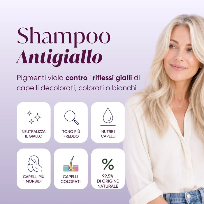 Shampoo antigiallo alla Moringa: neutralizza il giallo, nutre, capelli più morbidi, 99,5% di origine naturale