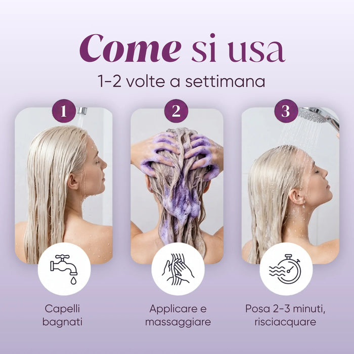Come si usa lo shampoo antigiallo: capelli bagnati, applicare e massaggiare, posa 2-3 minuti, risciacquare