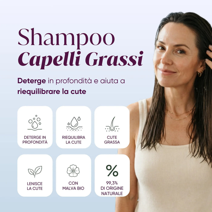 Shampoo for oily hair: deep cleansing, balances the scalp, 99.3% natural origin