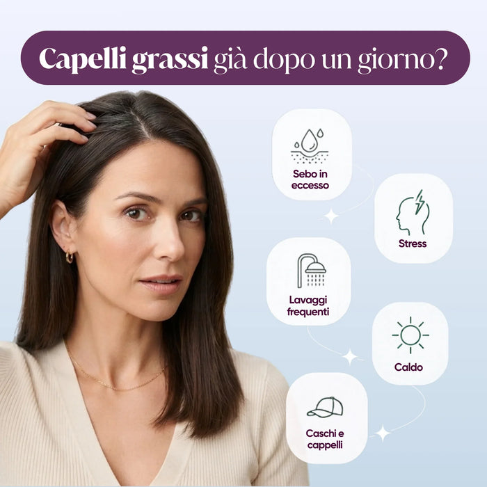 Oily hair after one day: excess sebum, frequent washing, helmets and hats, stress, heat