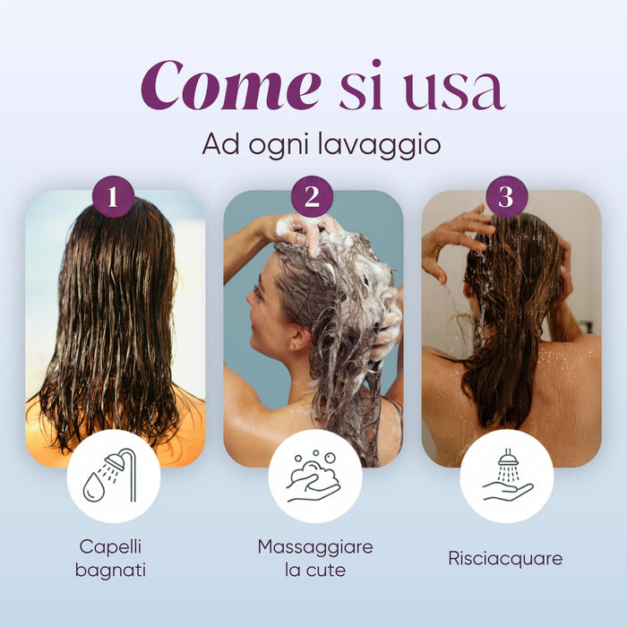How to use the shampoo: wet hair, massage the scalp, rinse