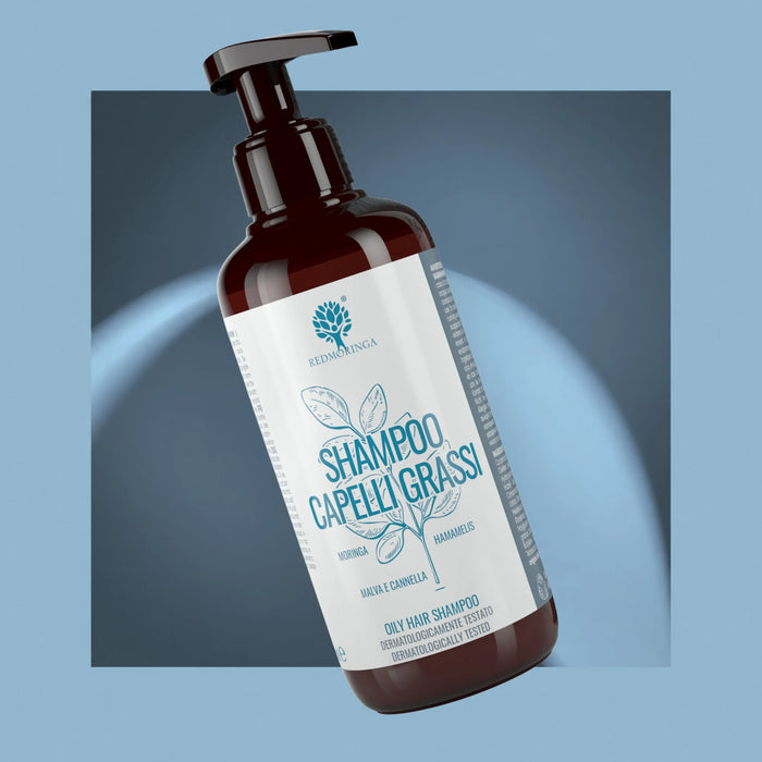 RedMoringa Oily Hair Shampoo bottle with pump, 250 ml, moringa shampoo with witch hazel, mallow and cinnamon