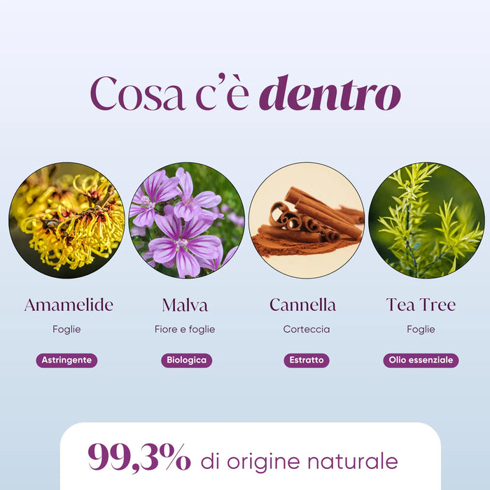 Ingredients: witch hazel, organic mallow, cinnamon, tea tree essential oil, 99.3% natural origin