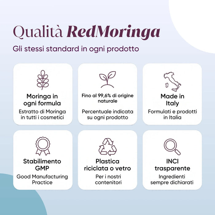 RedMoringa quality: Moringa in every formula, Made in Italy, GMP, recycled containers, transparent INCI