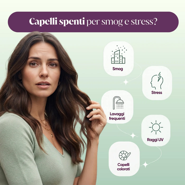 Cabello apagado por contaminación y estrés: contaminación, estrés, lavados frecuentes, rayos UV, cabello teñido