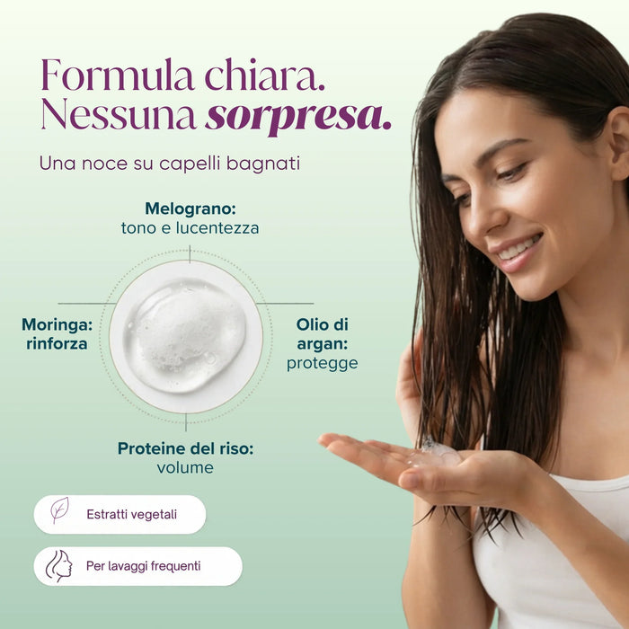 Fórmula clara: granada, moringa, aceite de argán, proteínas de arroz, tensioactivos vegetales