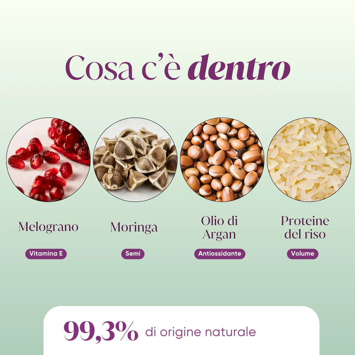 Ingredientes del champú: granada, moringa, aceite de argán, proteínas de arroz, 99,3% de origen natural