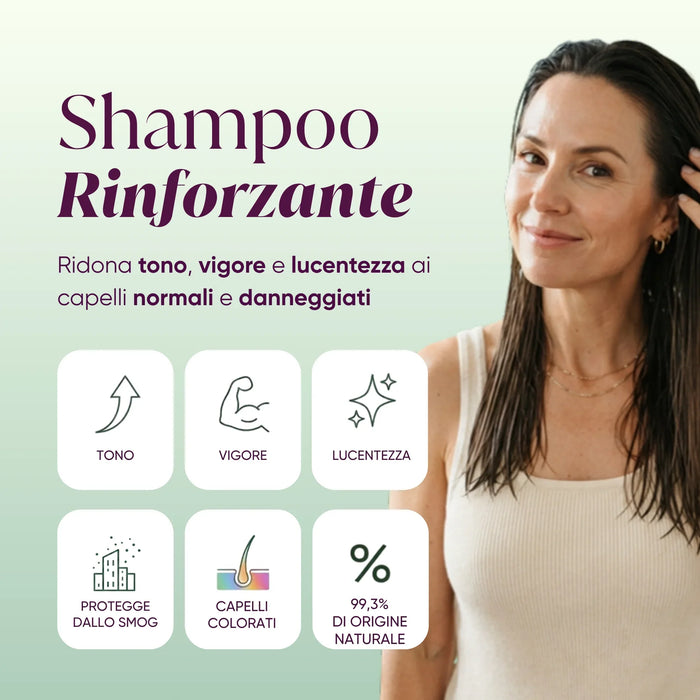 Champú fortalecedor con Moringa: tono, vigor, brillo, protege de la contaminación, 99,3% de origen natural