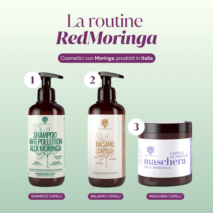 Rutina capilar RedMoringa: champú, acondicionador y mascarilla con Moringa, fabricados en Italia