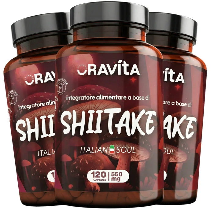 Tres frascos de Shiitake Oravita, 360 cápsulas de 550 mg en total, extracto estandarizado al 30% de polisacáridos
