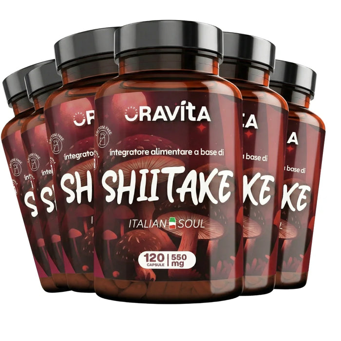 Seis frascos de Shiitake Oravita, 720 cápsulas de 550 mg en total, extracto estandarizado al 30% de polisacáridos
