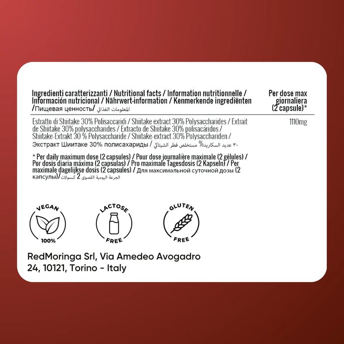 Etiqueta Shiitake Oravita: extracto 30% polisacáridos, 1110 mg por 2 cápsulas