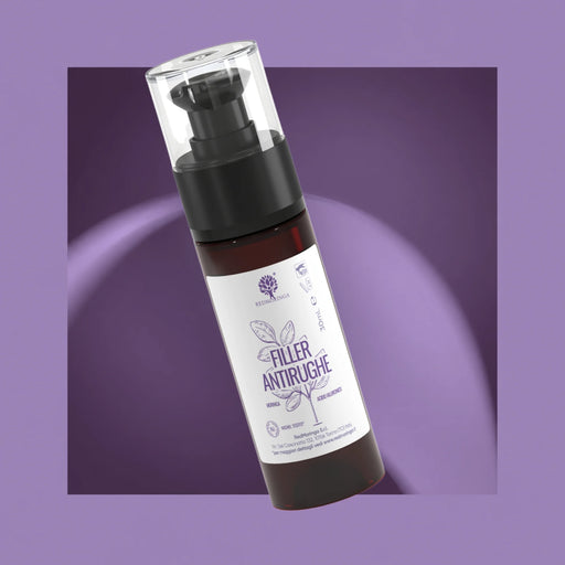 RedMoringa Filler Effect Anti-Wrinkle Serum pump bottle with Moringa and hyaluronic acid, 30 ml, on a purple background