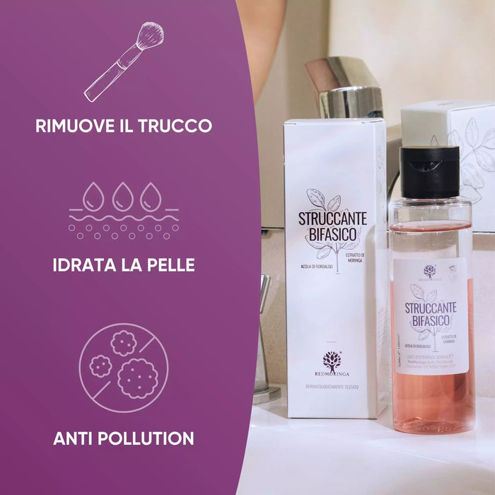 Desmaquillante bifásico con moringa del set RedMoringa con frasco y estuche: elimina el maquillaje, hidrata, anti-pollution
