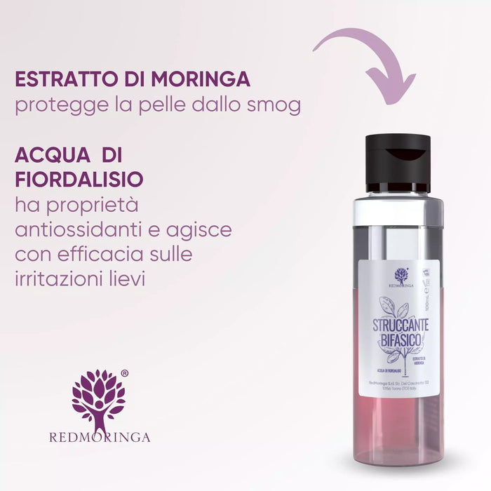 Frasco del desmaquillante bifásico RedMoringa con los activos: extracto de Moringa y agua de aciano antioxidante