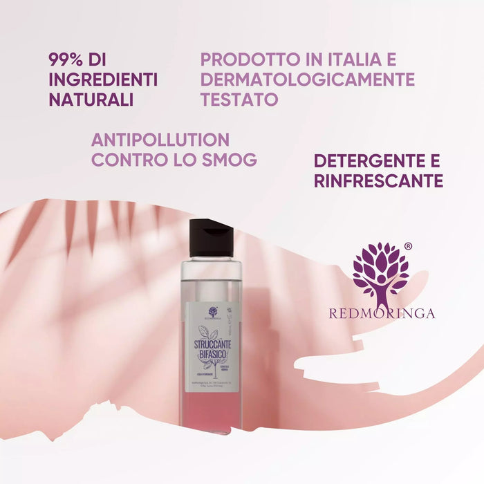 Desmaquillante bifásico 99% natural, fabricado en Italia y testado dermatológicamente: limpia y refresca la piel