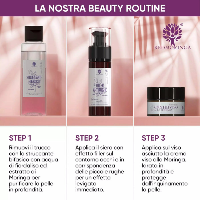 Rutina de belleza RedMoringa en 3 pasos: desmaquillante bifásico, sérum Filler Antiarrugas y crema facial con Moringa