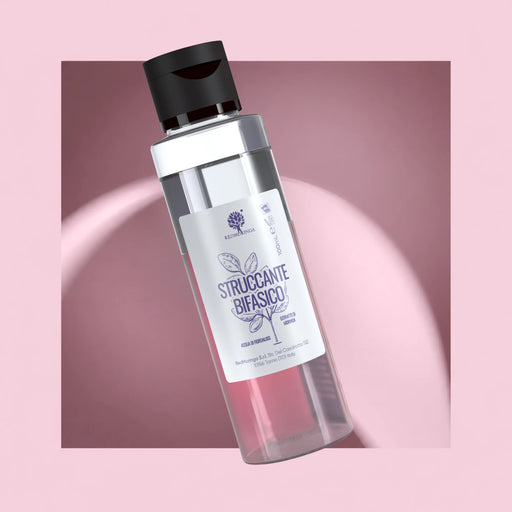 RedMoringa natural biphasic make-up remover with Moringa extract and cornflower water, 100 ml bottle on pink background