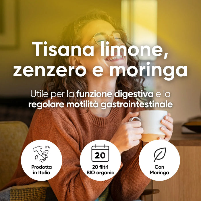 Infusión de limón, jengibre y moringa útil para la función digestiva, 20 bolsitas bio, elaborada en Italia