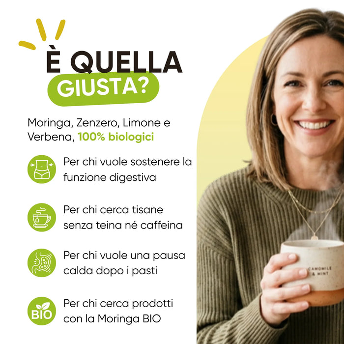 Infusión con Moringa, Jengibre, Limón y Hierba Luisa 100% ecológicos, sin teína ni cafeína