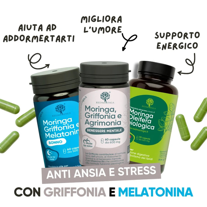 Infografía de los tres complementos del tratamiento relajación y estrés: sueño con melatonina, ánimo con griffonia, energía