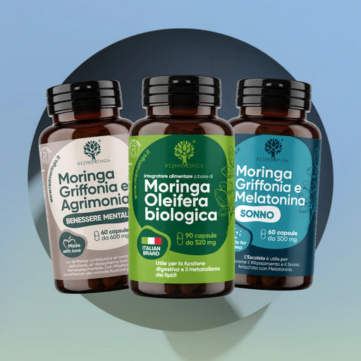 Trattamento Anti Ansia e Stress RedMoringa: Moringa Griffonia e Agrimonia, Moringa Oleifera bio e Griffonia e Melatonina
