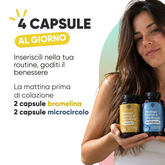 Come si usa: la mattina prima di colazione 2 capsule di bromelina e 2 di microcircolo