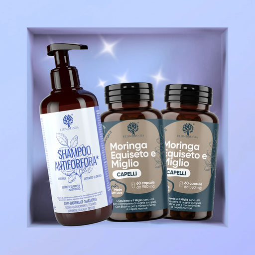RedMoringa anti-dandruff treatment: shampoo with Moringa and nettle plus two bottles of horsetail and millet capsules