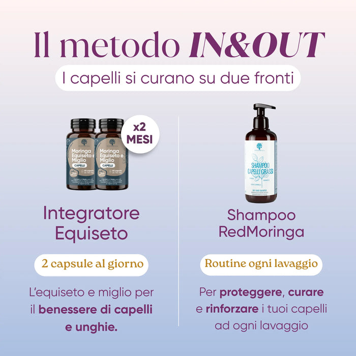 Il metodo In&Out per i capelli RedMoringa: integratore Equiseto 2 capsule al giorno per 2 mesi e shampoo a ogni lavaggio