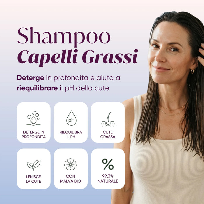 Shampoo capelli grassi RedMoringa: deterge in profondità, riequilibra il pH della cute, lenisce, malva bio, 99,3% naturale