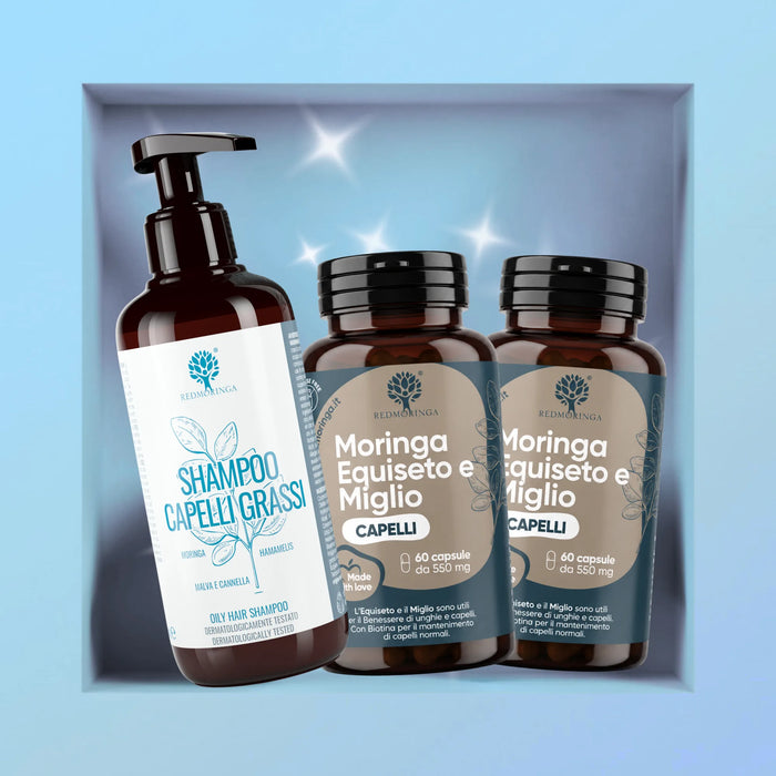 Trattamento Capelli Forti e Anti Grasso RedMoringa: shampoo capelli grassi e due flaconi di capsule Moringa Equiseto e Miglio