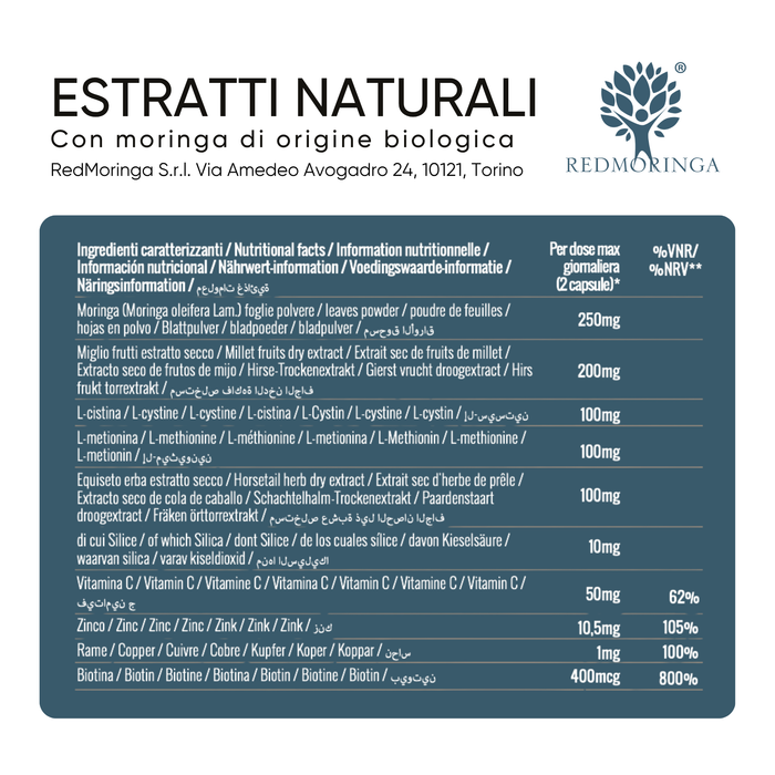 Etichetta dell'integratore Moringa Equiseto e Miglio: ingredienti per 2 capsule, con biotina, zinco, rame e vitamina C