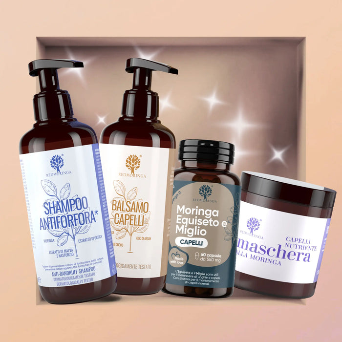 Set capelli IN&OUT RedMoringa con shampoo antiforfora a malva, nasturzio e ortica, balsamo, maschera e capsule