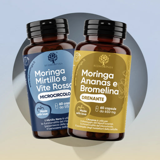 Trattamento drenante RedMoringa: flaconi Moringa Mirtillo e Vite Rossa Microcircolo e Moringa Ananas e Bromelina Drenante
