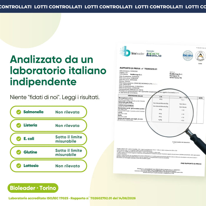 Analisi di laboratorio indipendente: salmonella, listeria, glutine, lattosio