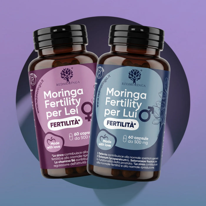 Trattamento fertilità di coppia RedMoringa: flaconi Moringa Fertility per Lei e per Lui, 60 capsule ciascuno
