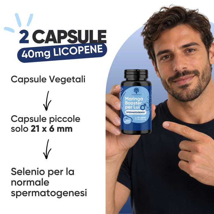 Per lui: 2 capsule vegetali con 40 mg di licopene, selenio per la normale spermatogenesi