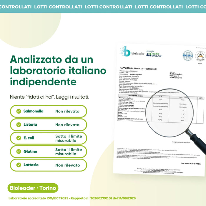 Analisi di laboratorio indipendente: salmonella, listeria, glutine, lattosio