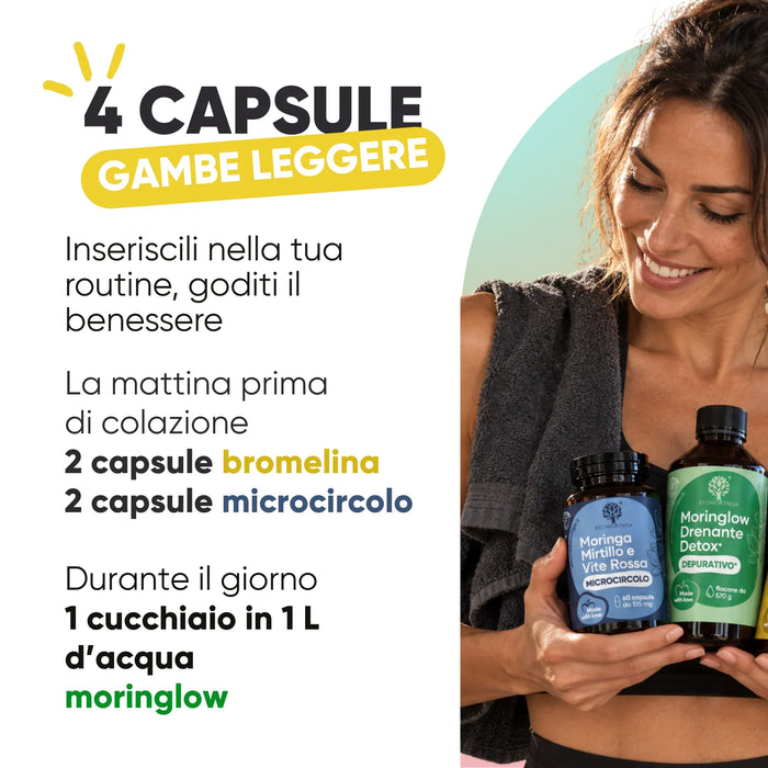 Come si usa: 2 capsule di bromelina e 2 di microcircolo al mattino, 1 cucchiaio di Moringlow in 1 L d’acqua