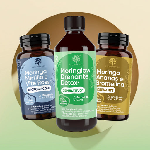 Trattamento Gambe Leggere RedMoringa: Moringa Mirtillo e Vite Rossa, Moringlow Drenante Detox e Moringa Ananas e Bromelina