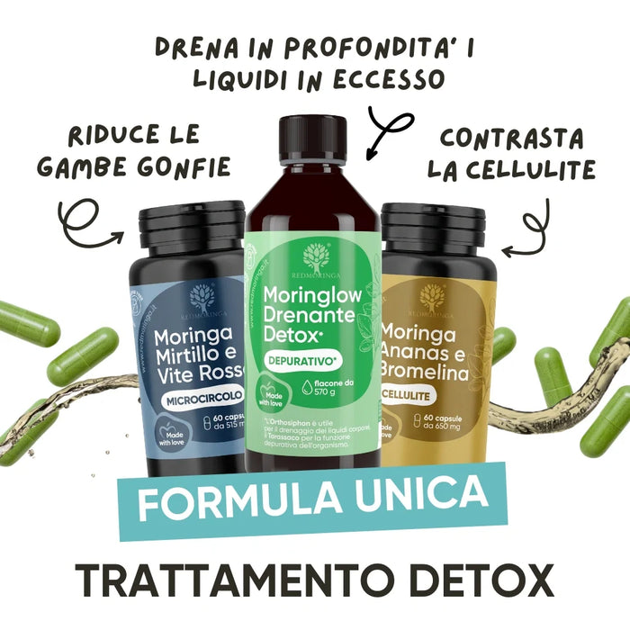 Trattamento detox gambe leggere RedMoringa con capsule verdi: drenante detox per liquidi in eccesso, gambe gonfie e cellulite
