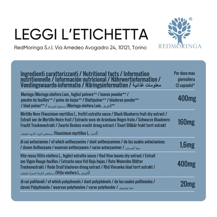 Tabella ingredienti Microcircolo: Moringa, Mirtillo nero, Vite rossa