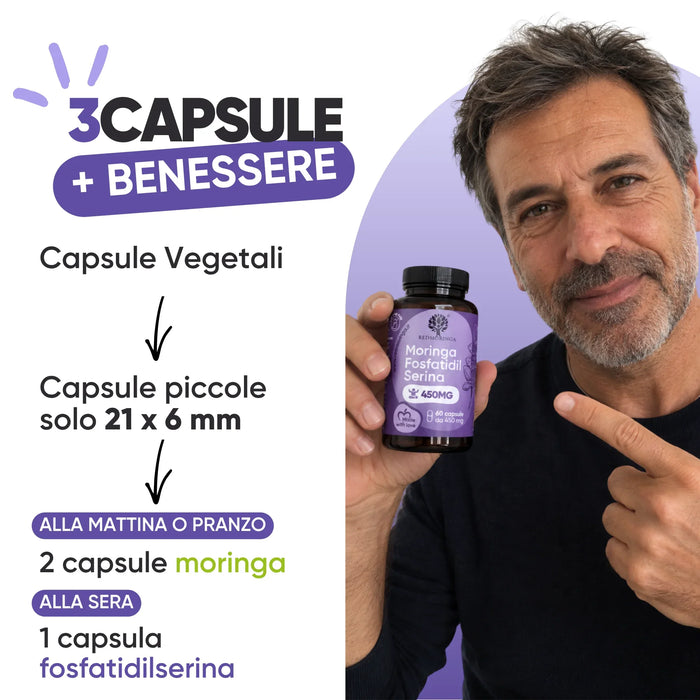 Come si assume: 2 capsule di Moringa al mattino o a pranzo, 1 capsula di Fosfatidilserina alla sera