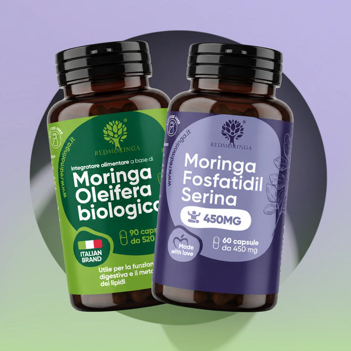 Trattamento Low Cortisolo RedMoringa: flaconi di Moringa Oleifera biologica e Moringa Fosfatidilserina 450 mg